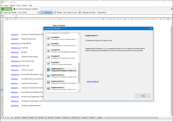 Computer using the ICAT Software and QuickBooks® displaying the schedules of the DCAA Incurred Cost Proposal.  This is also known as the Incurred Cost Submission and the Incurred Cost Electronically (ICE)